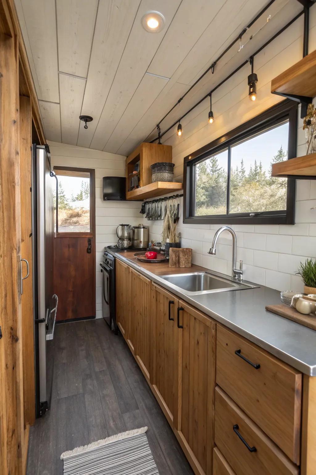A small kitchen design with a harmonious blend of materials.