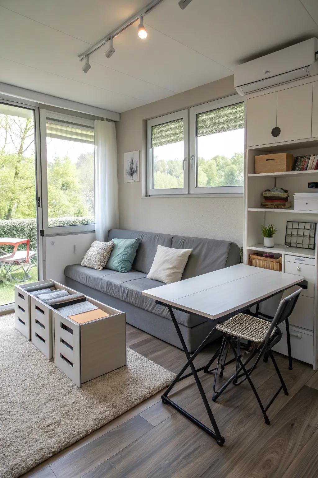 A functional layout featured in a streamlined, contemporary living space showcasing multi-purpose furnishings.