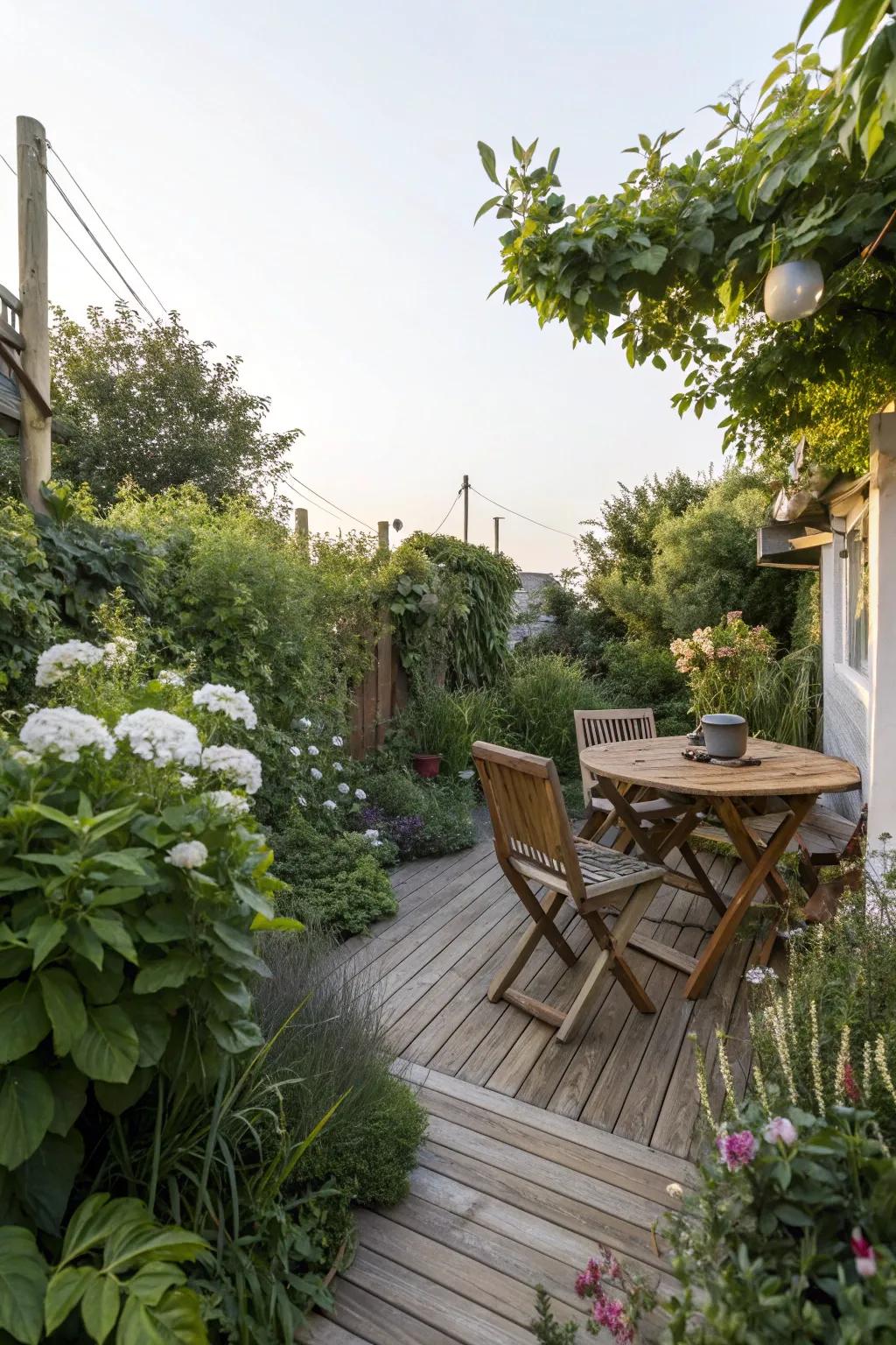 Wooden elements adding warmth and texture to a modern garden.