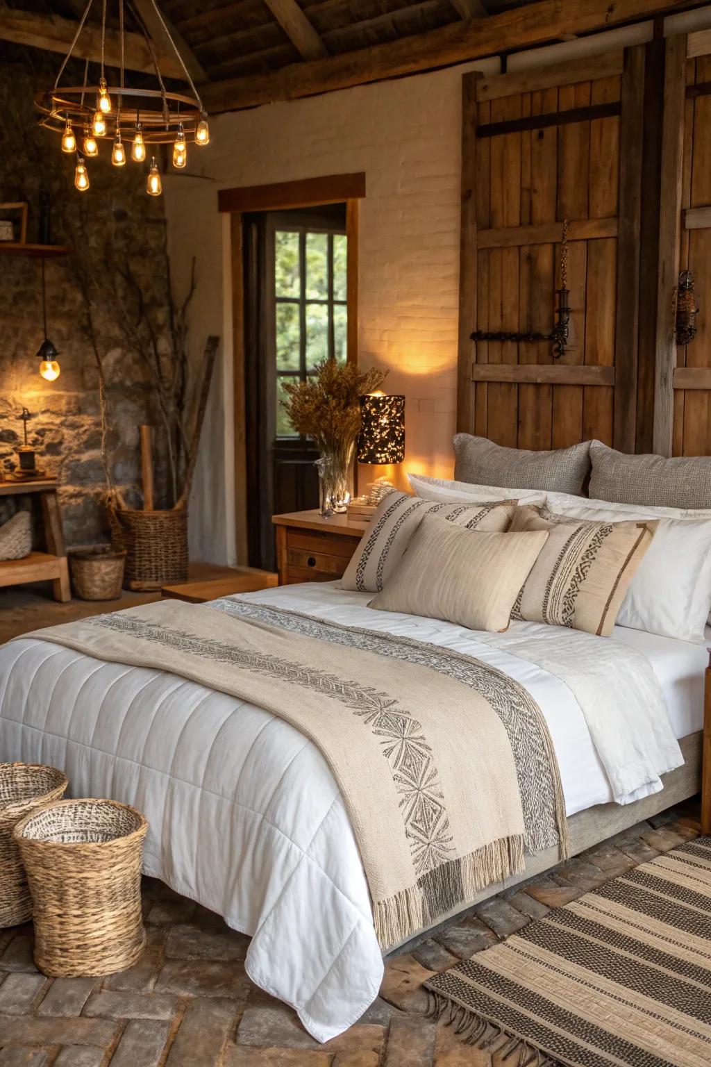 Natural fabrics bring comfort and depth to a modern Spanish bedroom.