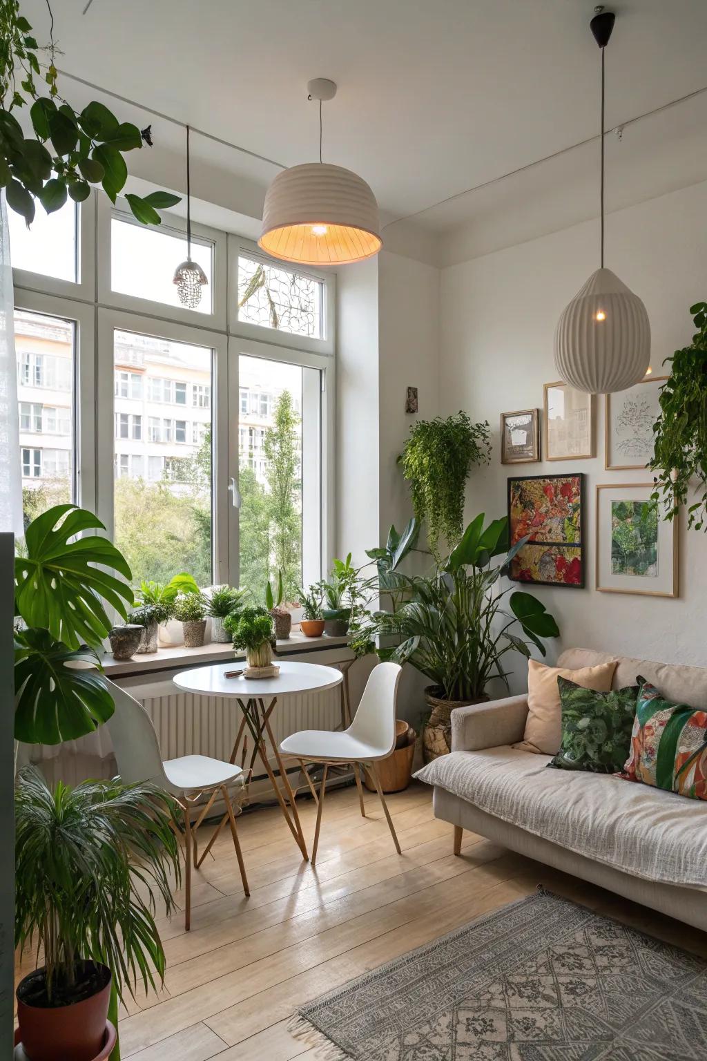 A studio apartment showcasing plants, modern lighting, and art pieces for added character.