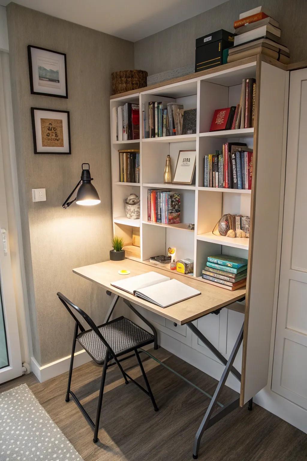 Space-optimized study room featuring clever storage solutions.