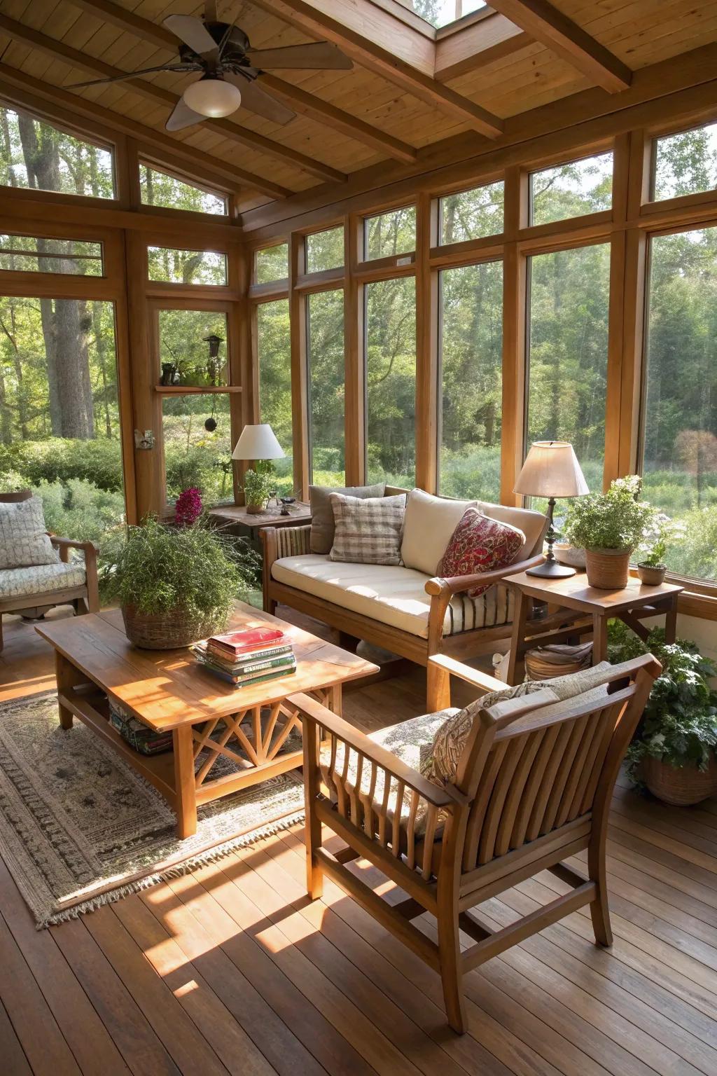 Wooden elements add warmth and texture to this modern sunroom.