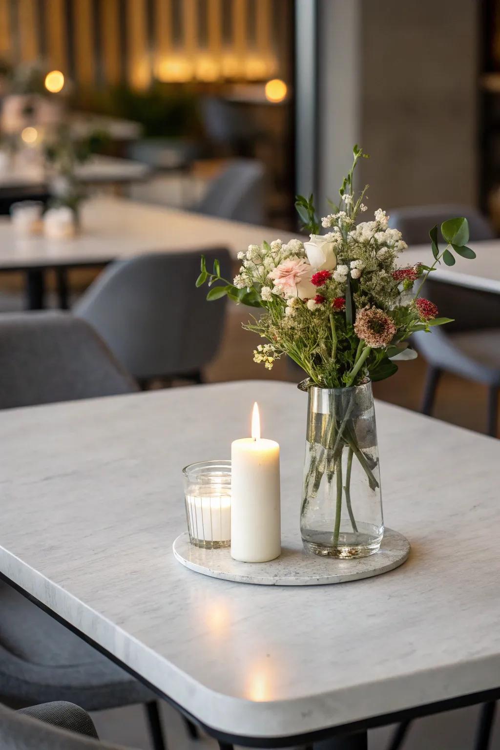 A chic centerpiece refines the overall table aesthetic.