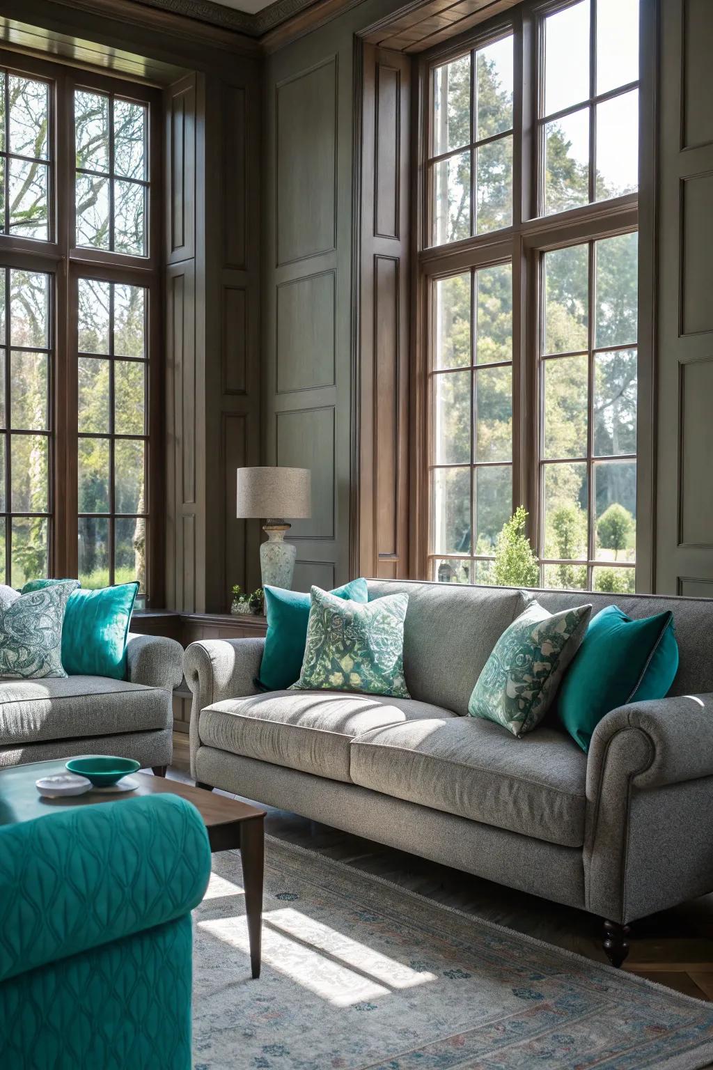 Natural light enhances the sea-green and gray living room, creating a vibrant atmosphere.