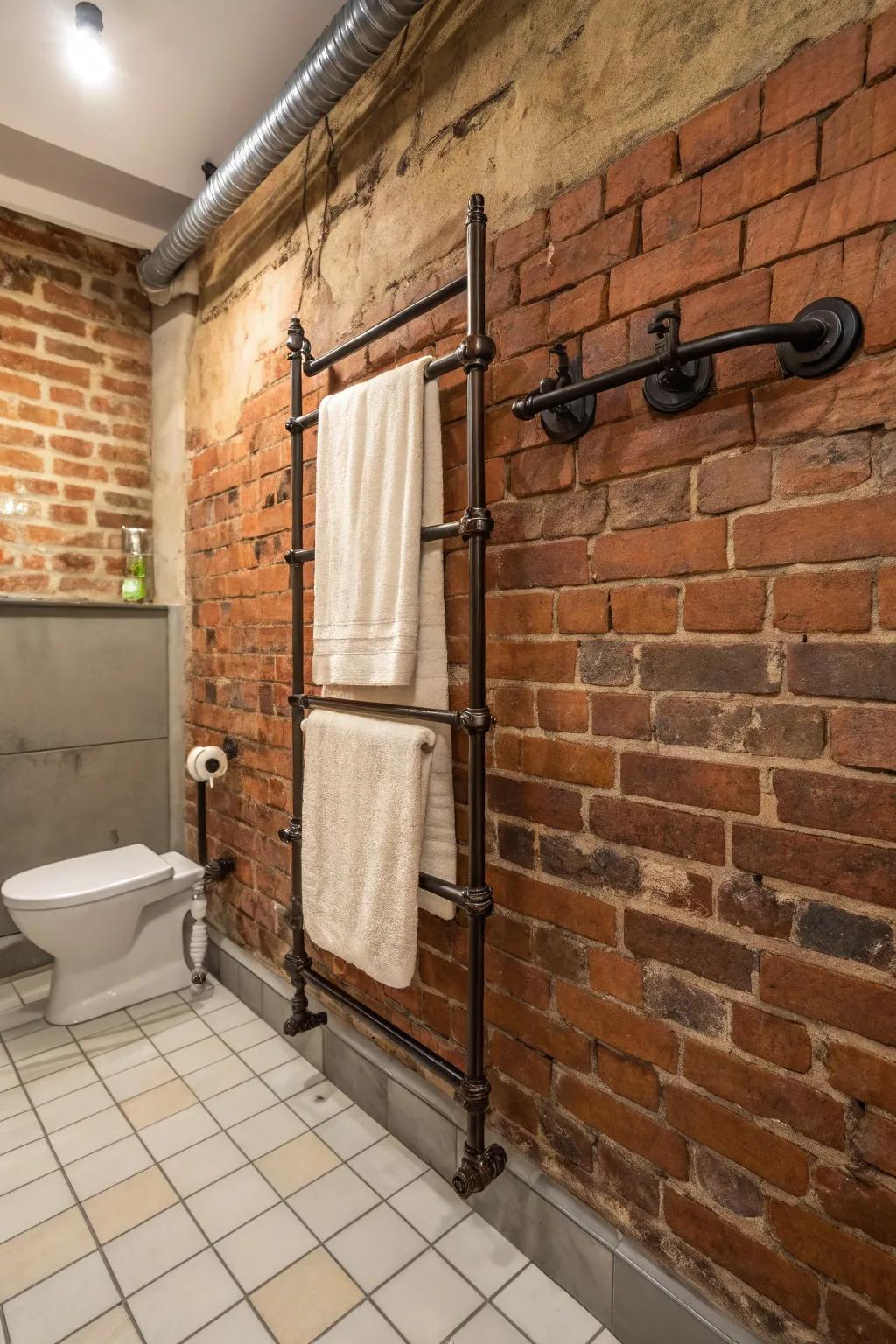 Industrial charm with an antiquarian conduit towel frame.