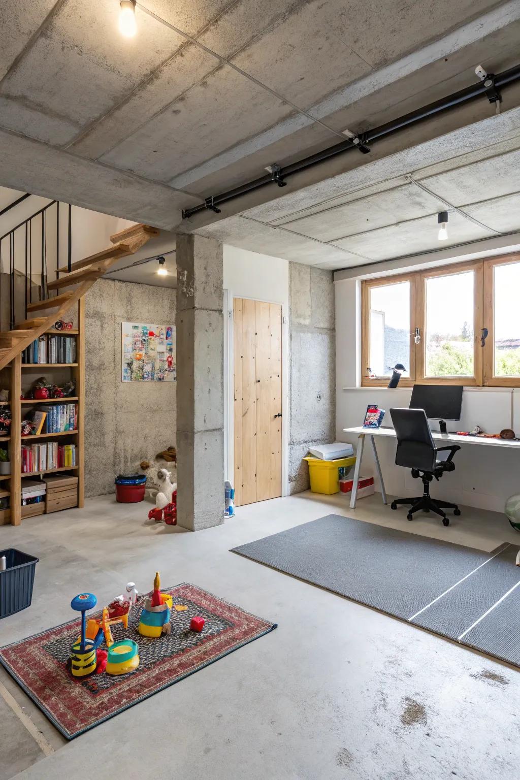 Multi-purpose areas make the most of an unfinished basement.
