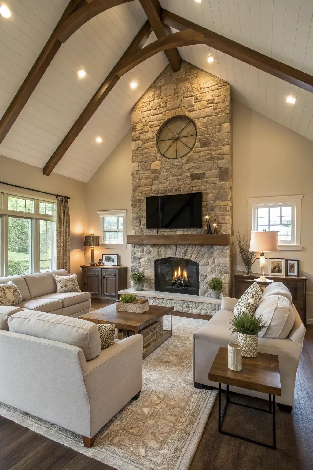 A modern fireplace becomes a captivating core element in this high-ceilinged area.