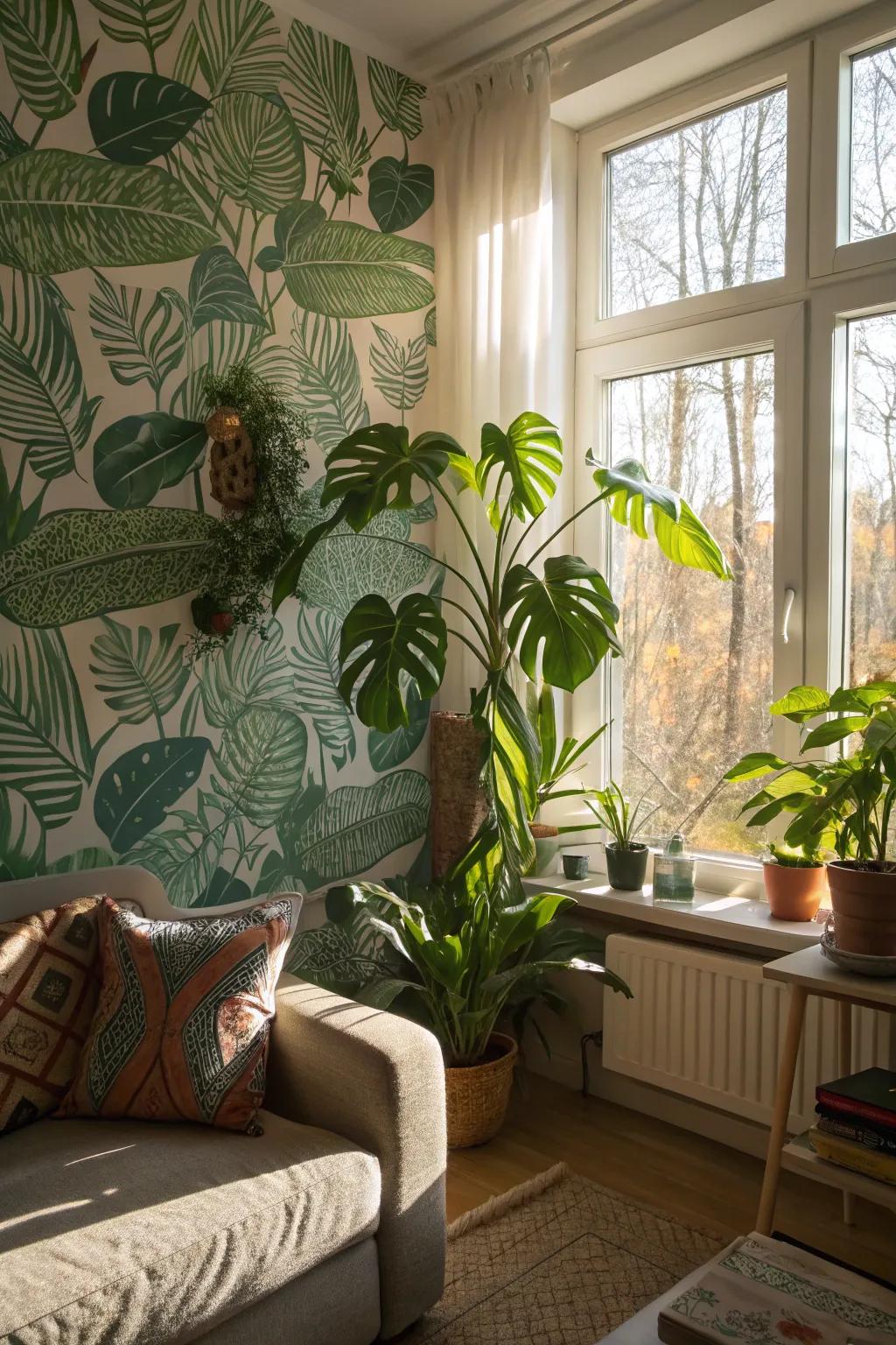 Foliage wallcovering brings a fresh, natural feel to a living space.