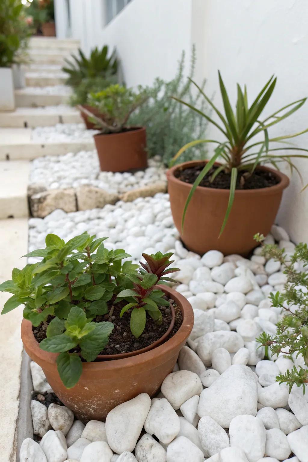 An arrangement of potted flora set on a white stone bed, layering the garden's design.