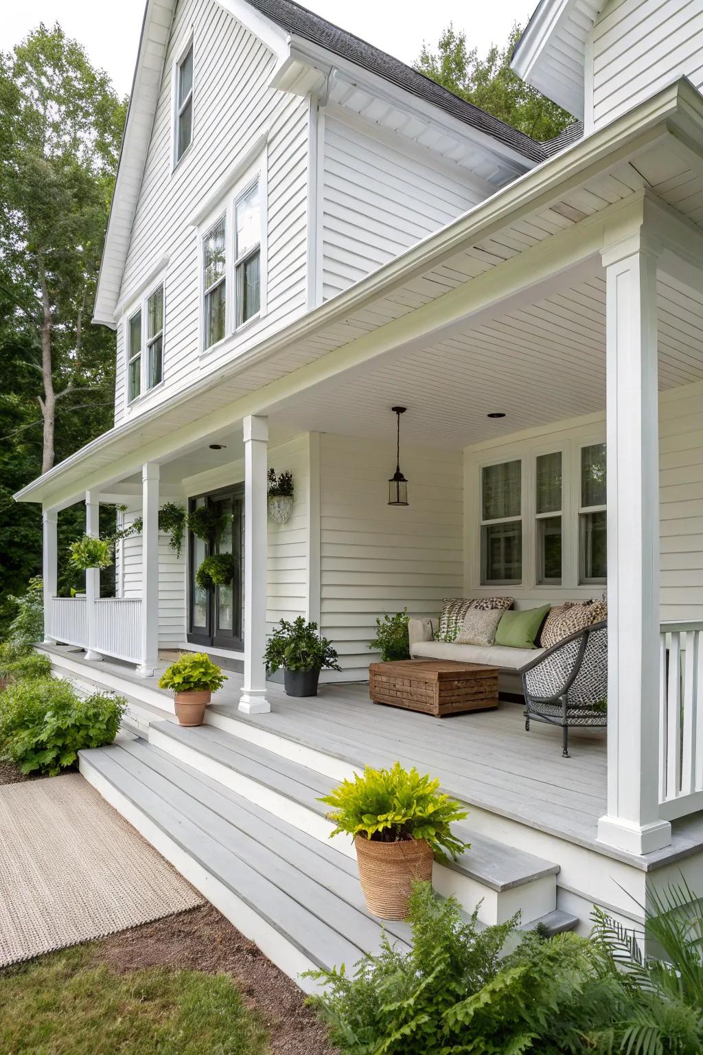 A white siding house with an inviting porch and lush greenery.