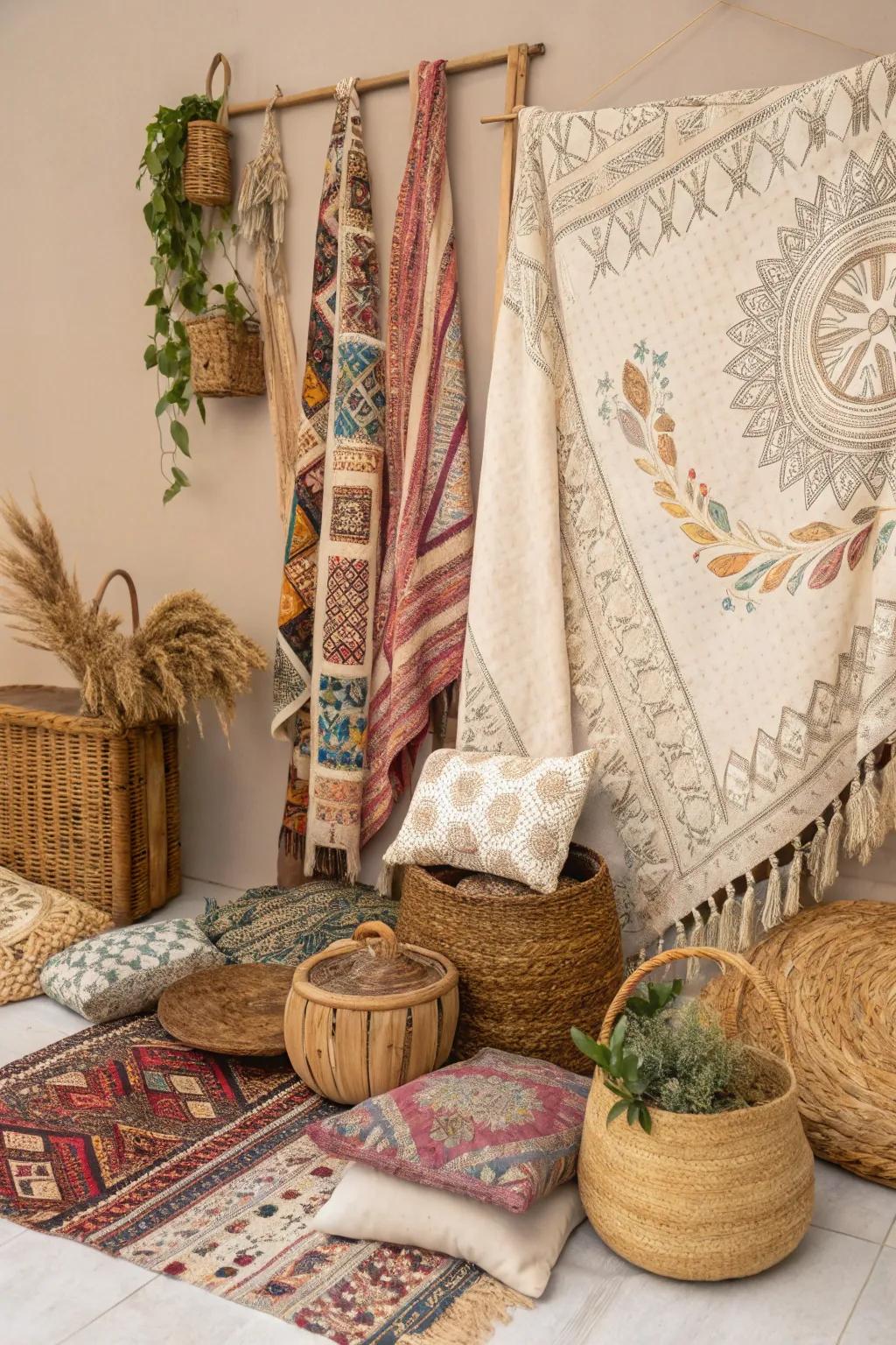 A bohemian mood board brimming with vibrant pigments and configurations.