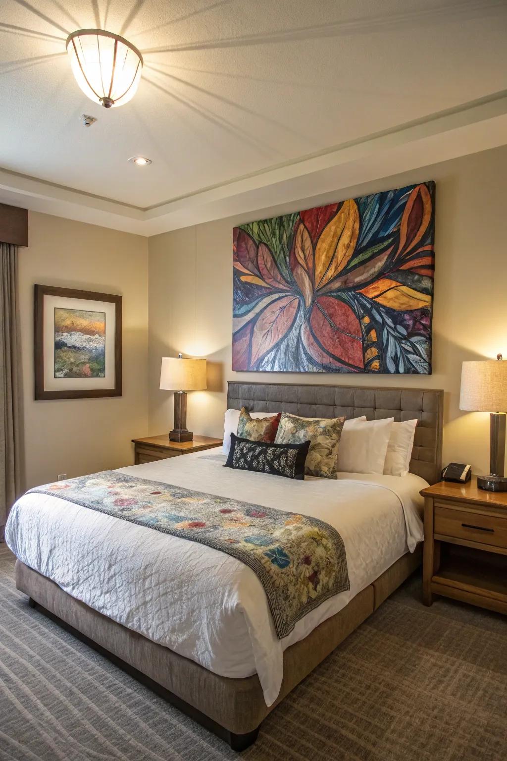 A bedroom featuring a big abstract art piece above the bed.