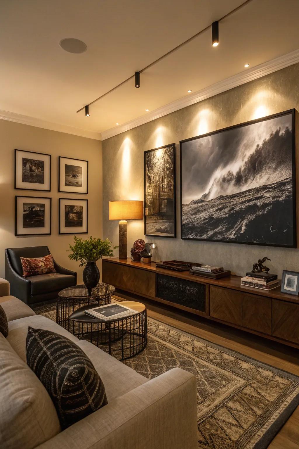 Artistic components in a shadowy living area with an art collection.