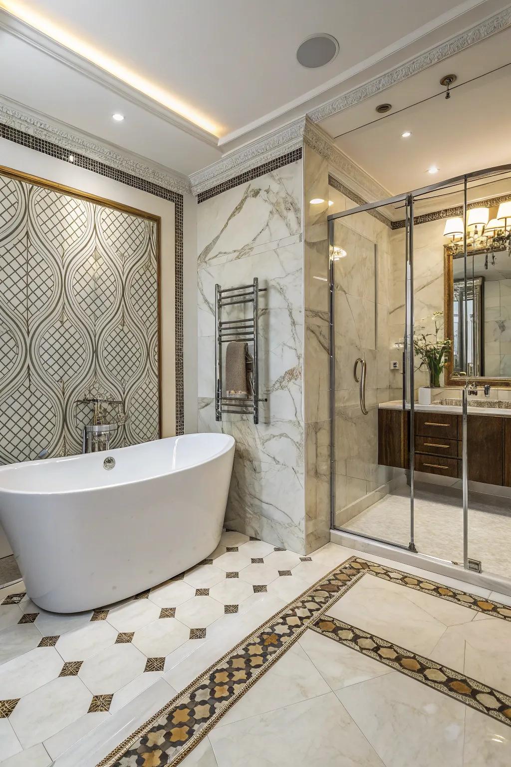 A bathroom featuring opulent marble mosaic accents.