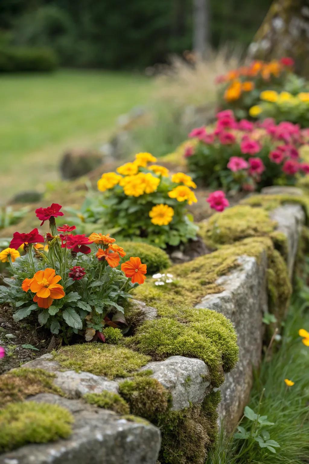 A beautifully framed flower bed with moss rock edging.