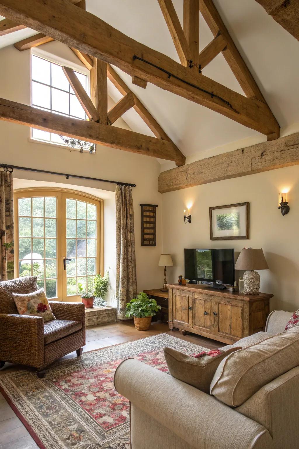 Open beams provide a rustic and spacious aesthetic.