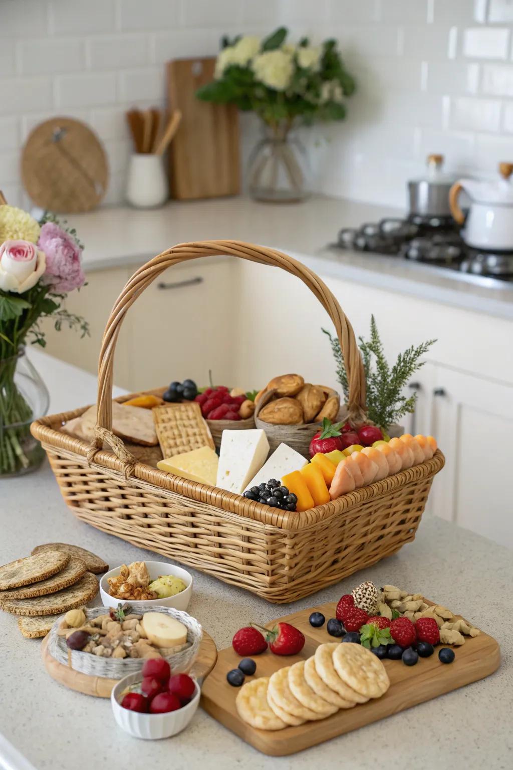 A gourmet basket full of delicious treats for new home celebrations.