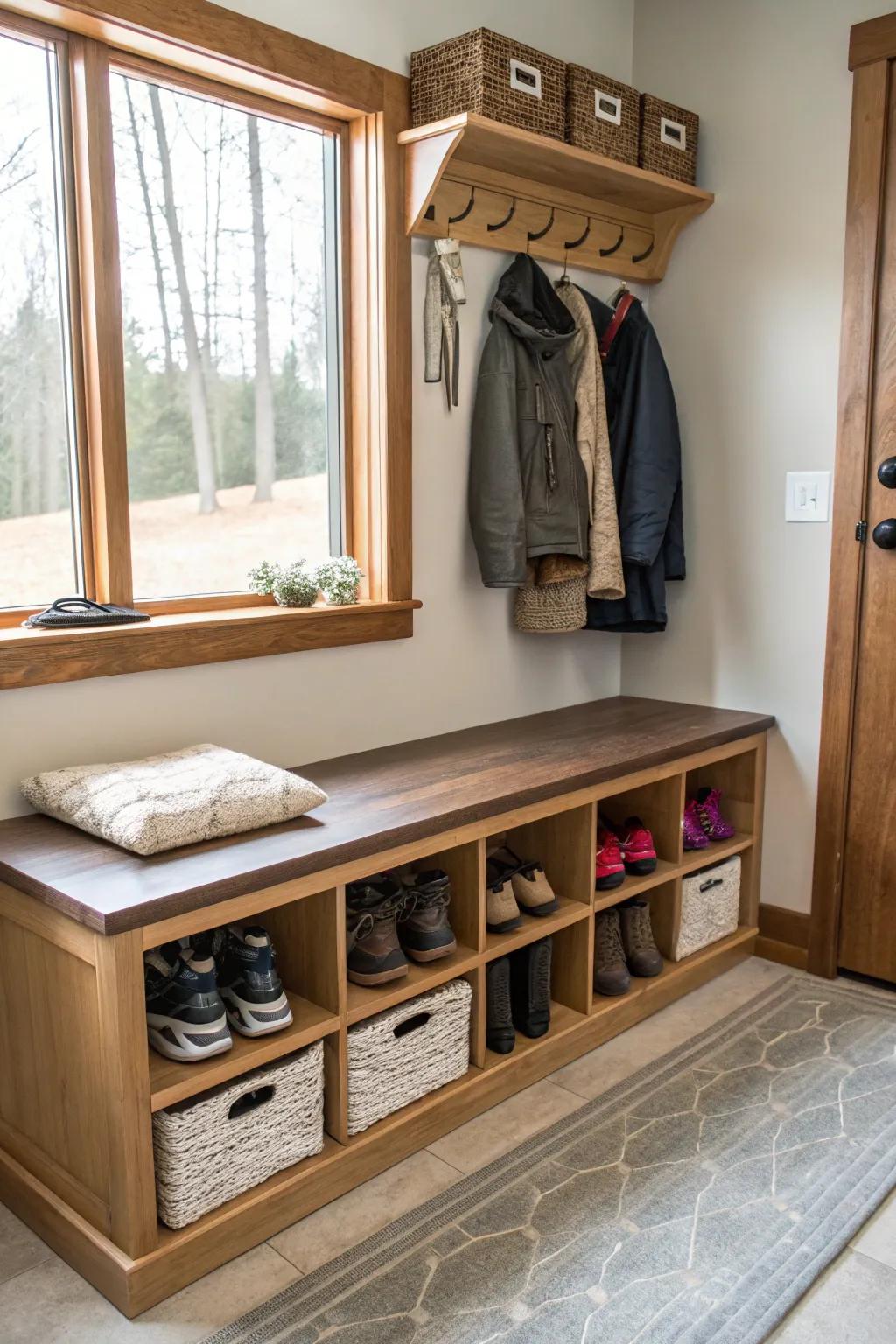 A multi-purpose mudroom bench offering both seating and storage.