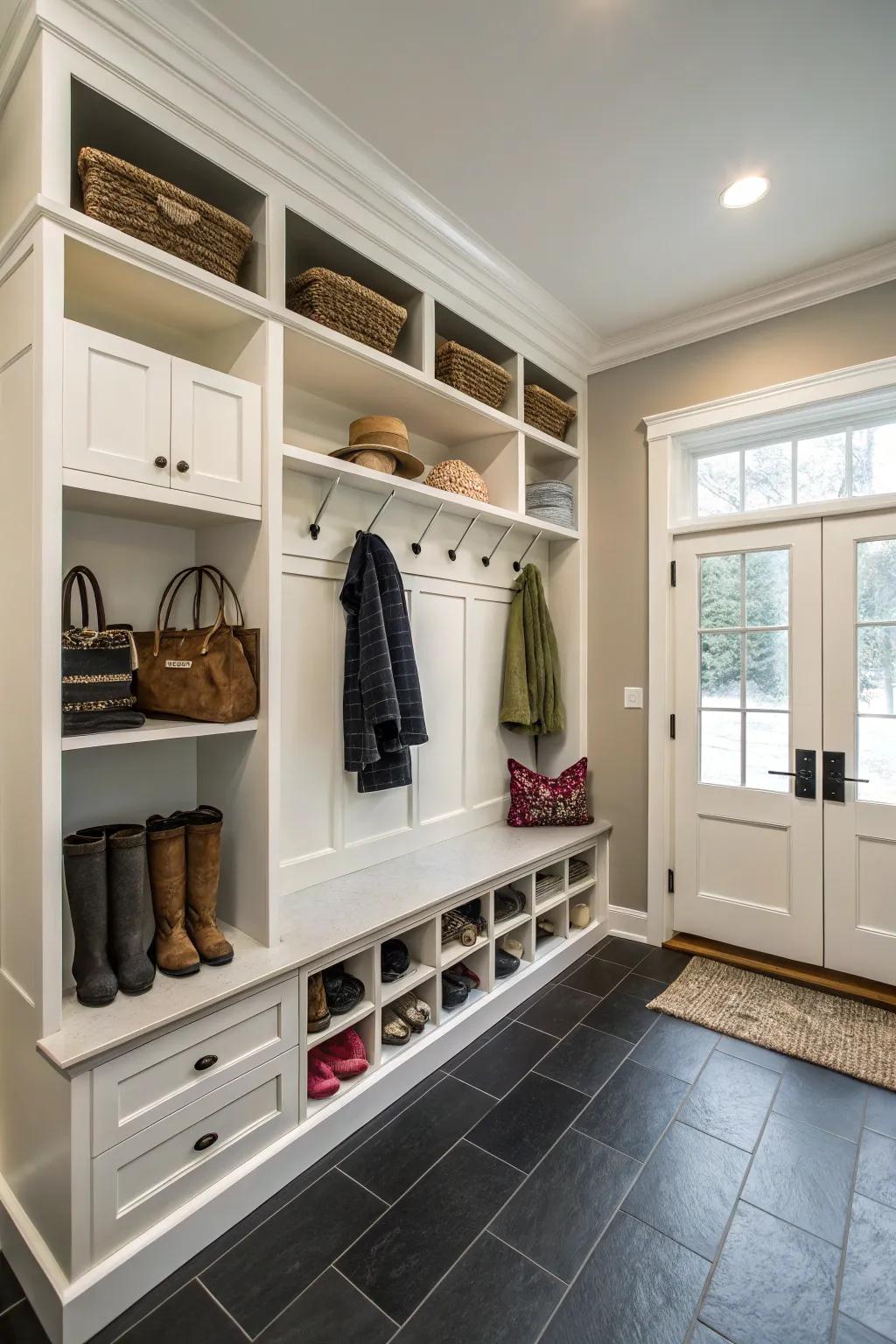 A mudroom features sleek, built-in storage with adjustable shelves for flexible storage options.