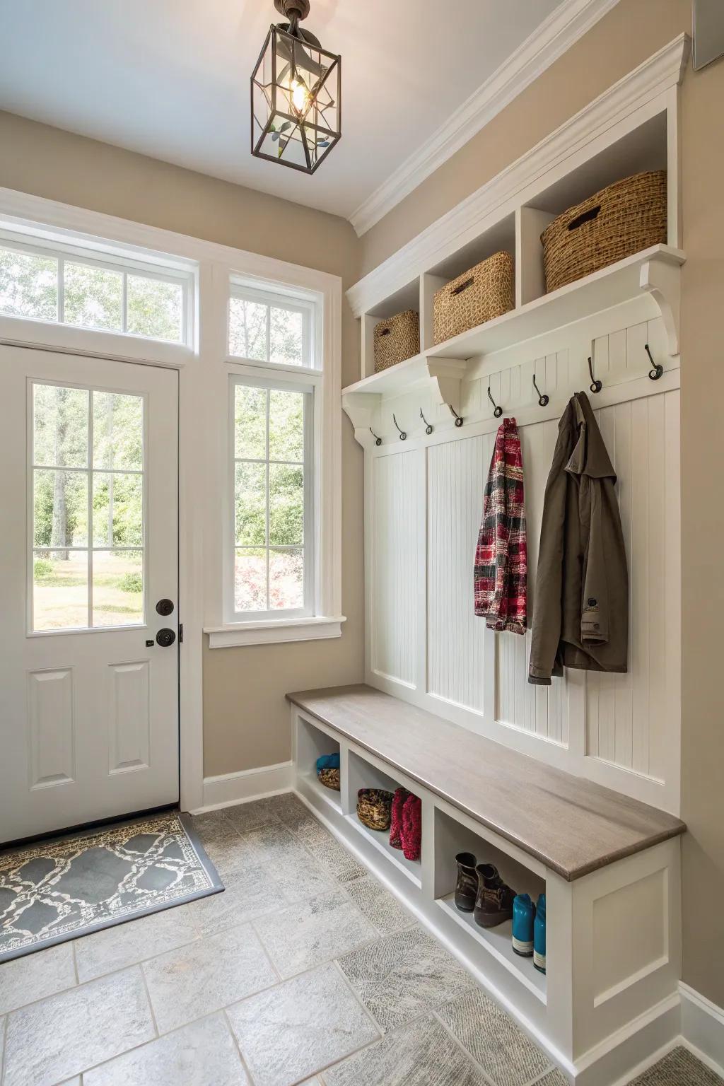 Mudroom with walls coated in vibrant and subdued tones.