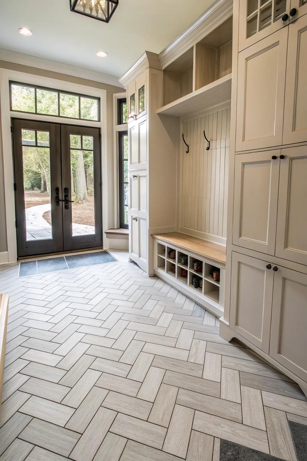 Herringbone designs add elegance to your mudroom.