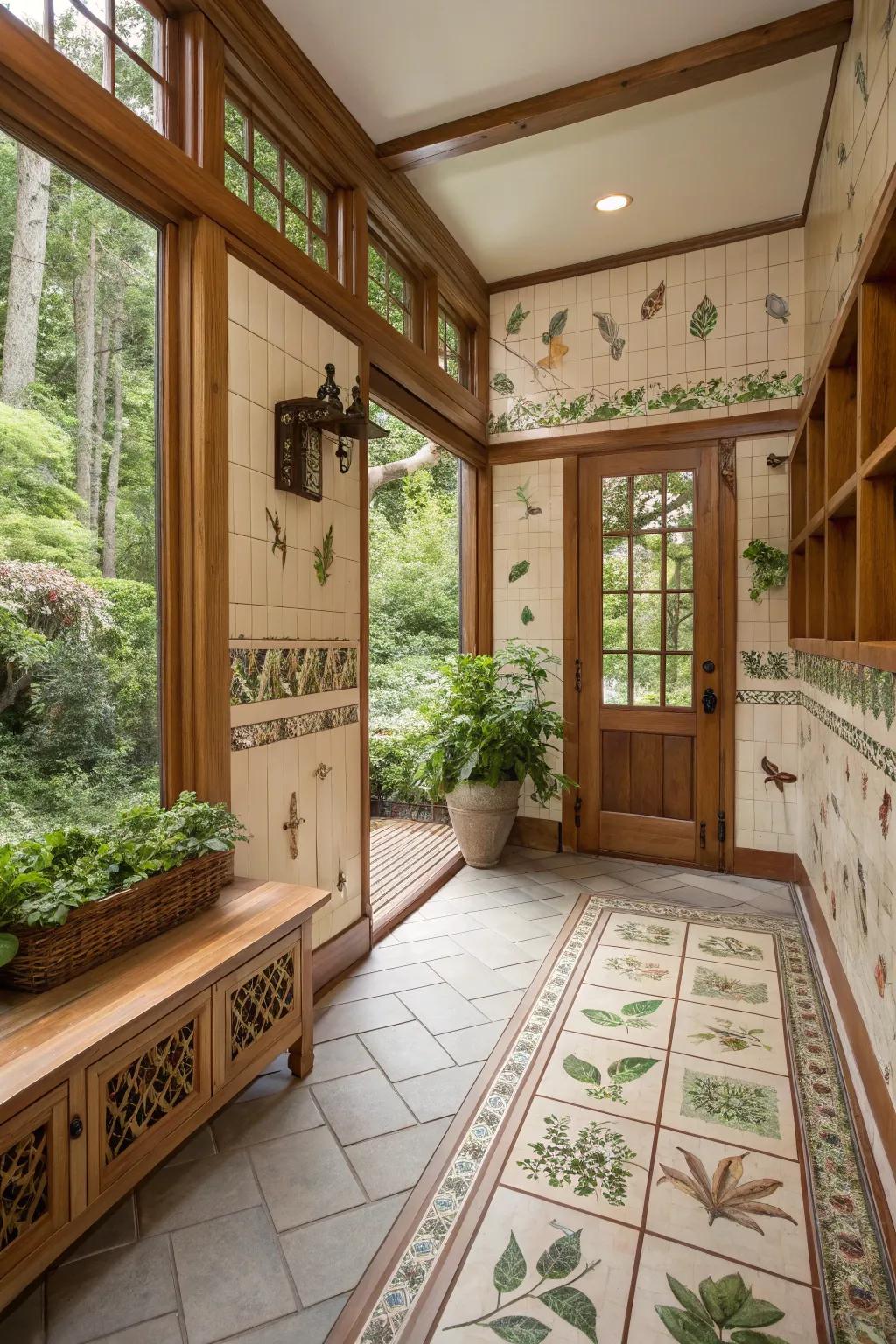 Nature-themed tiles creating serenity in a mudroom