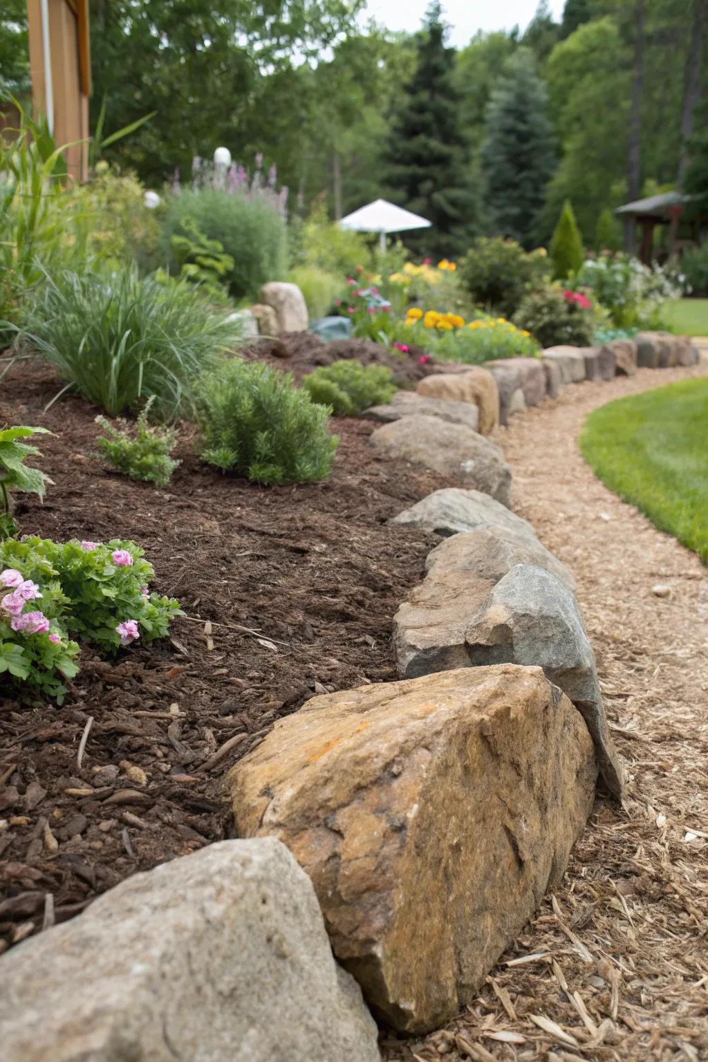 Down-to-earth rocks fashion a captivating mulch perimeter.