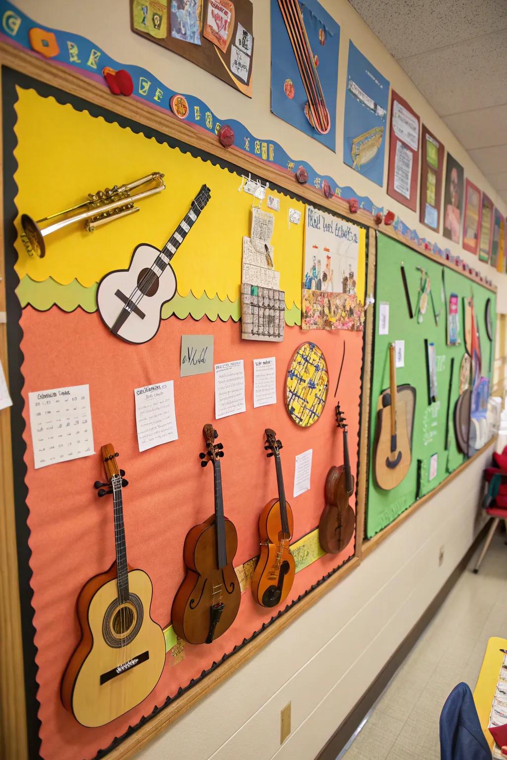 An engaging bulletin board showcasing handmade instrument designs.