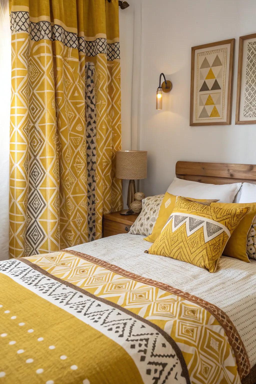 A bedroom using designed textiles featuring yellow and geometric designs.