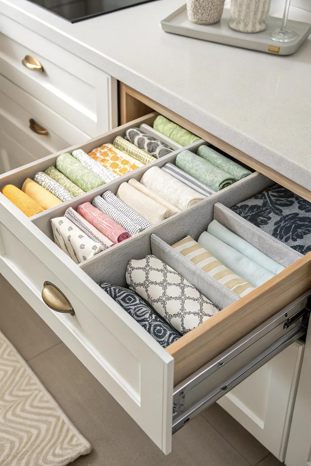 Drawer dividers create an organized and visually pleasing solution for storing napkins.