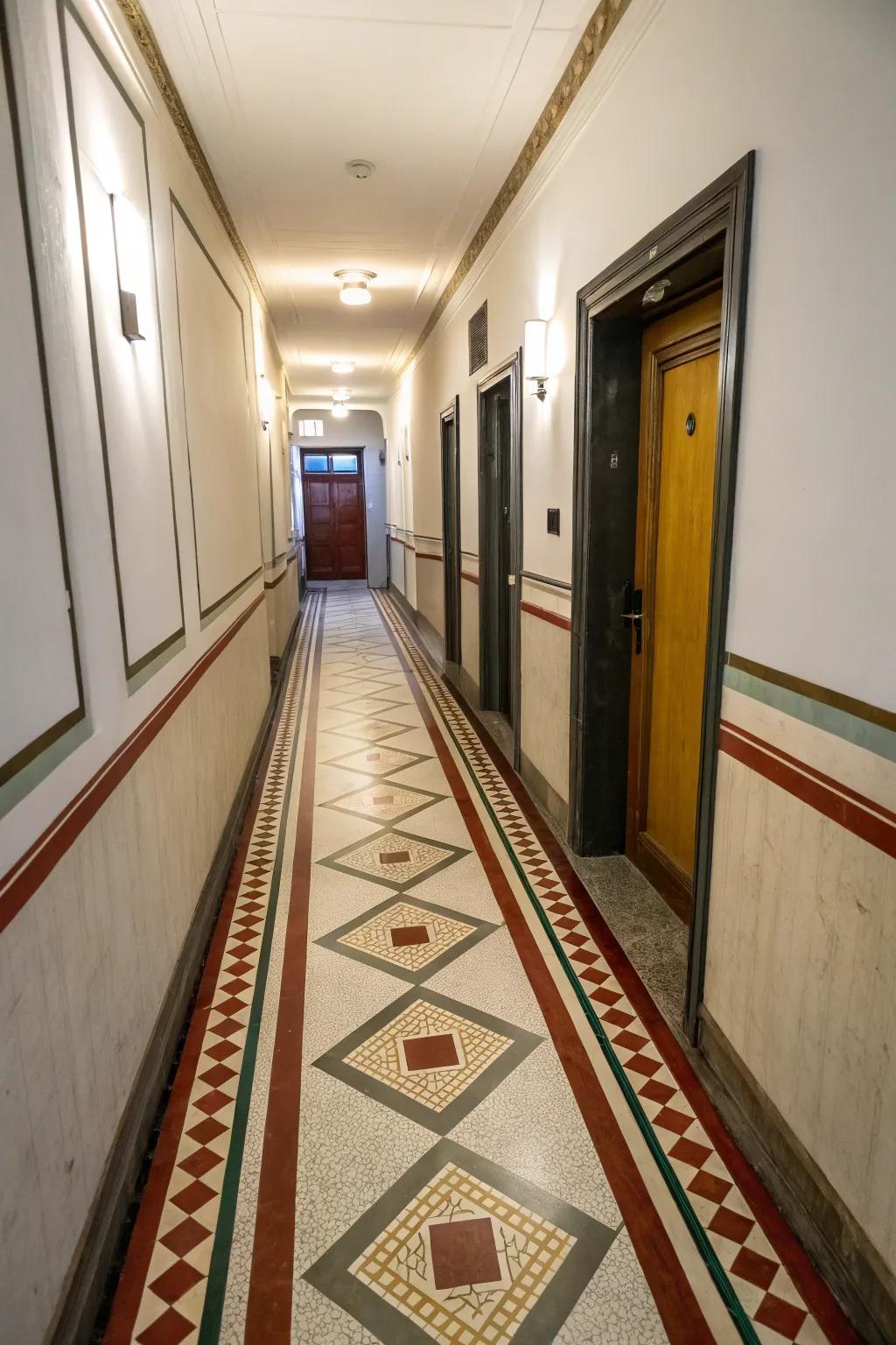 Border accents can outline and define a narrow hallway floor.