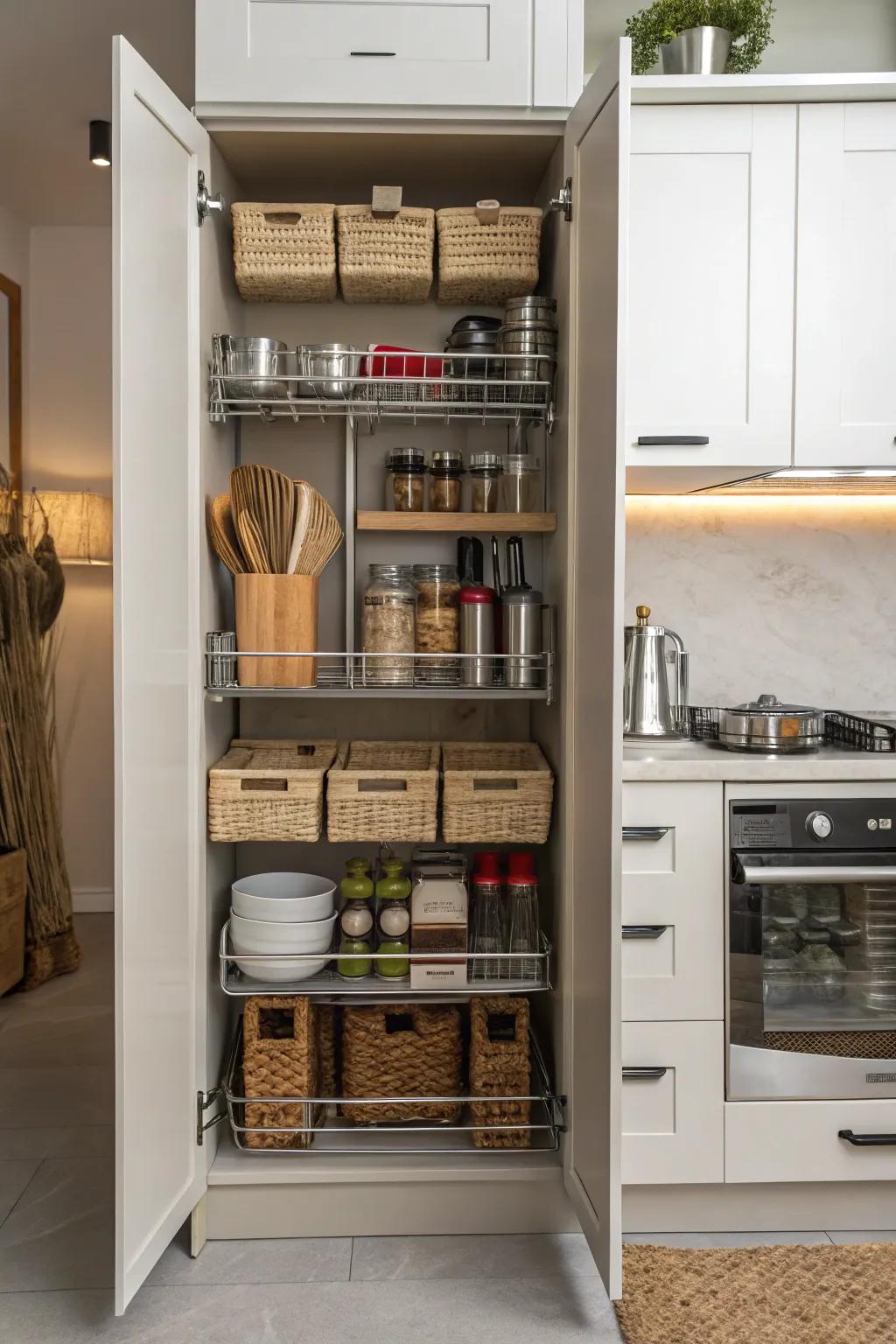 An open slim cabinet with racks and dividers for organized storage.