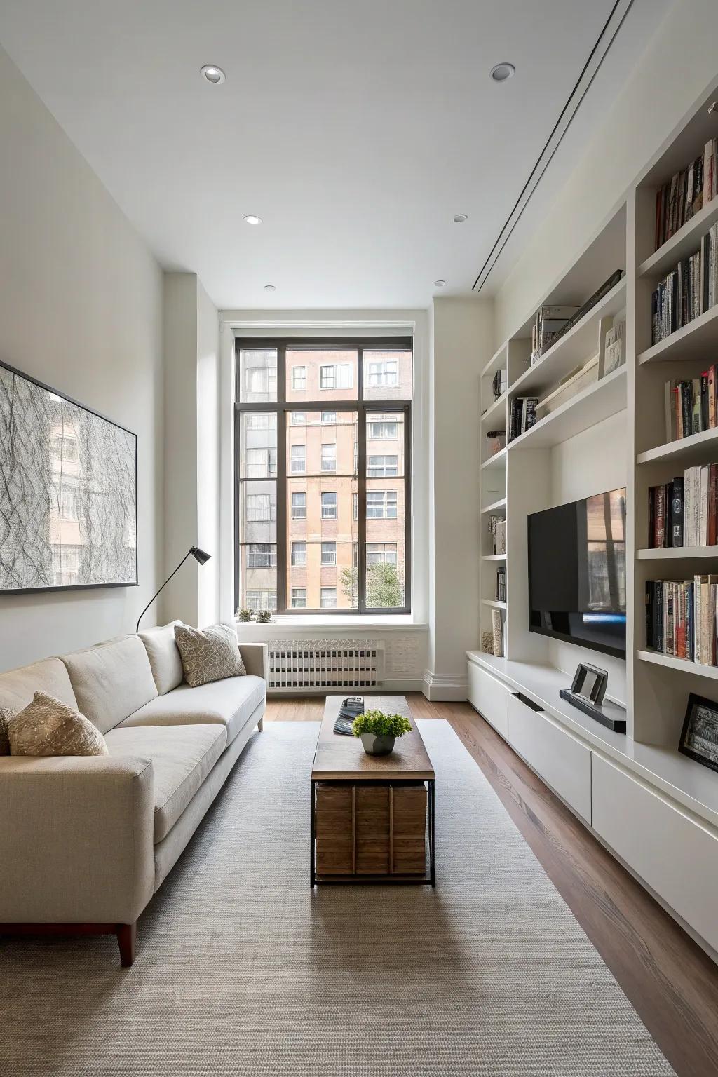 Elegant furniture selections that perpetuate an airy vibe in a restricted living space.