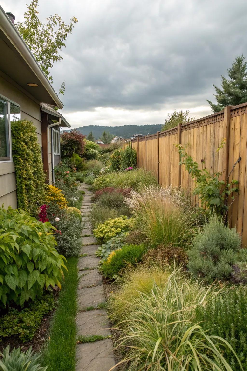 A textural blend enhances your side yard’s visual depth.