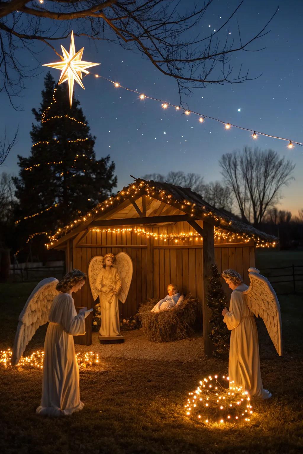 Angel models and vibrant lights produce a serene nativity scene.