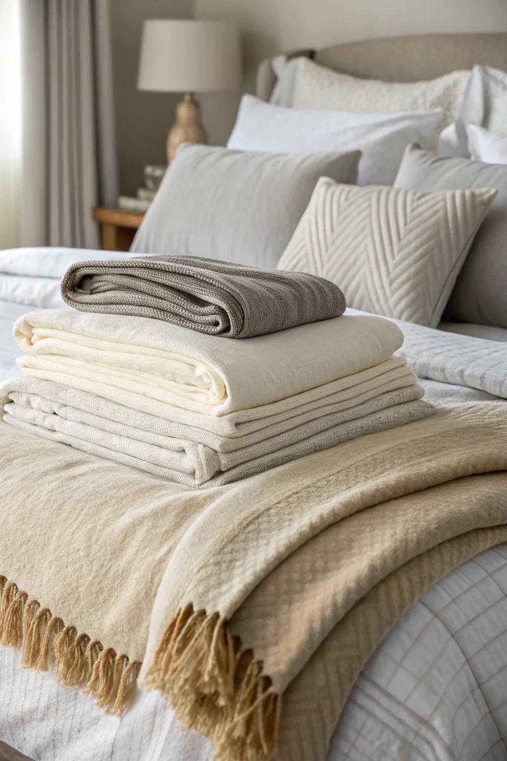 Soft textures come together to create a cozy, inviting bed.