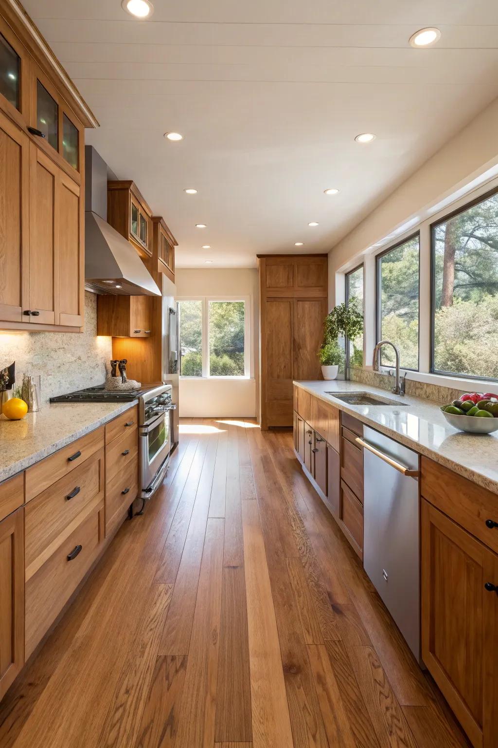 Timber floors establish a unified and smooth kitchen design.
