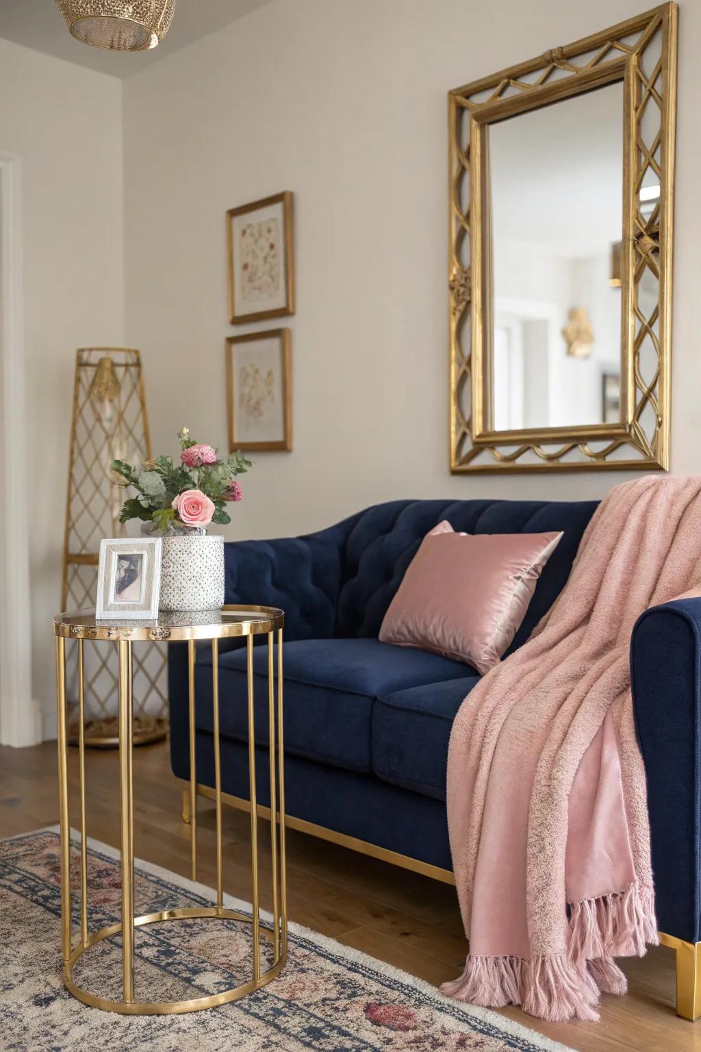 Gold details add a touch of glamour to the navy and pink decor.