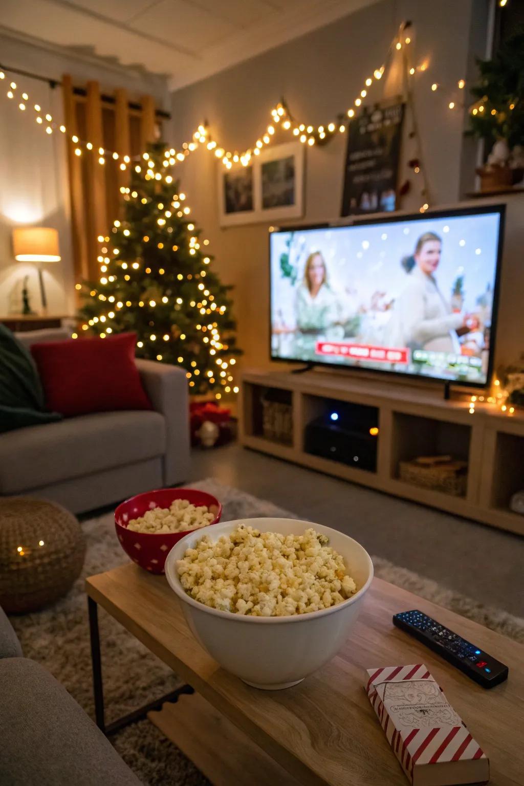 A cozy setup for a delightful holiday movie marathon.