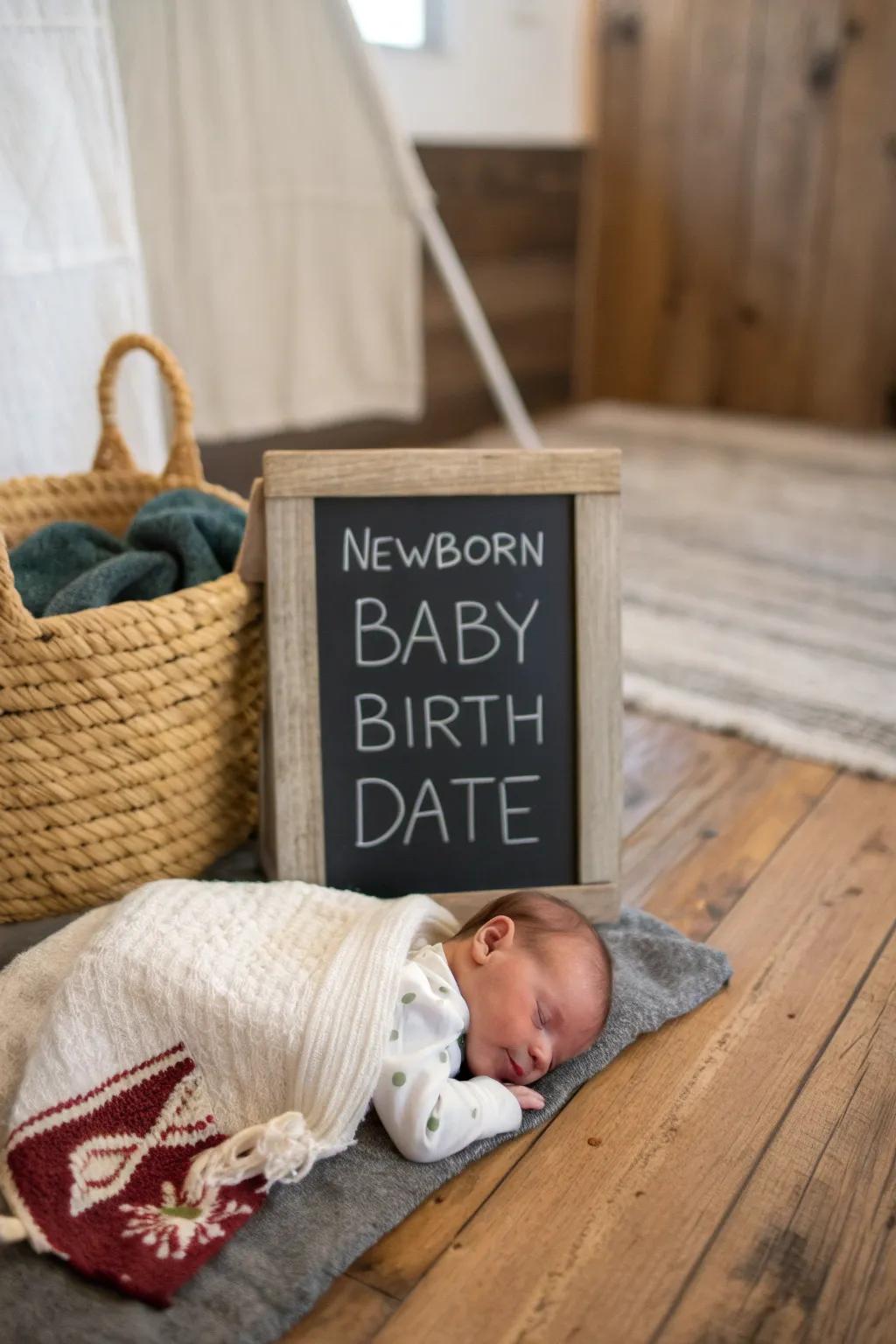 A custom chalkboard announcement welcoming the newborn.