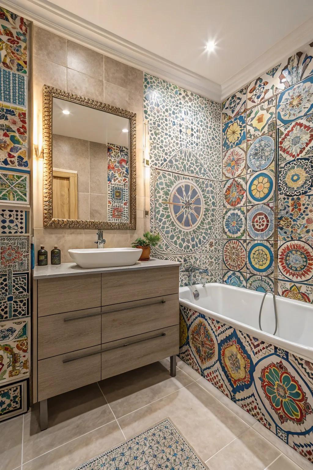 Intricate decorative tiles adding character to a bathroom wall.