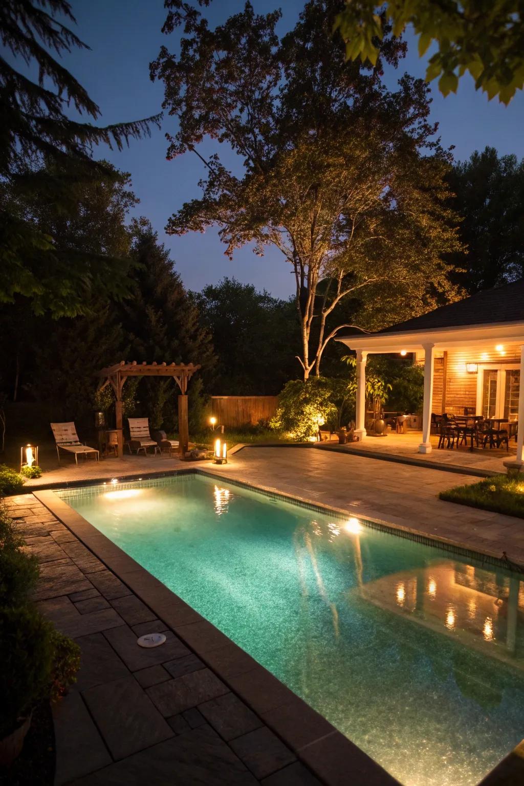 A beautifully lit <strong>pool</strong> that shimmers at night, ideal for evening get-togethers.” loading=”lazy” class=”pimg”>
	</picture><figcaption>A beautifully lit <strong>pool</strong> that shimmers at night, ideal for evening get-togethers.</figcaption></figure>
<p>Turn your <strong>pool</strong> into a nighttime wonderland with <strong>encompassing illumination</strong>. Cleverly positioned lights can emphasize features and establish a captivating atmosphere after sunset.</p>
<h3>May just do the trick:</h3>
<ul class=