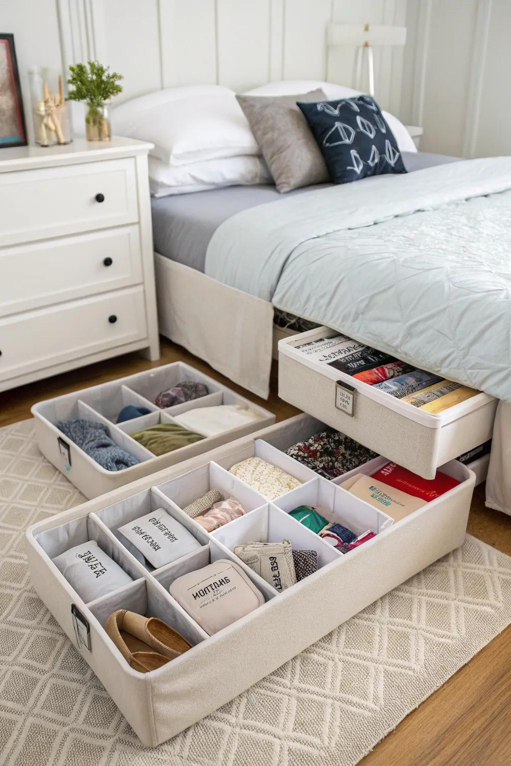 Under-bed storage keeps items available yet hidden.