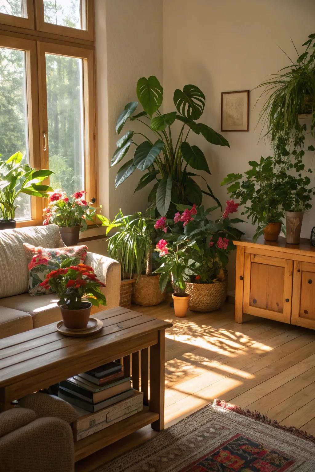 Welcoming nature indoors through plants and timber features.