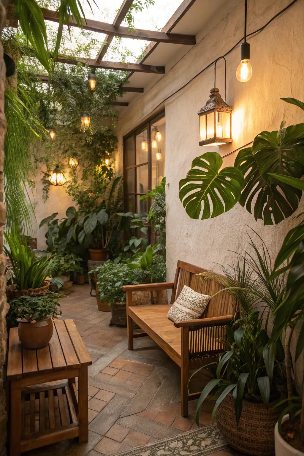 A serene nook showcasing natural elements like plants and wood.