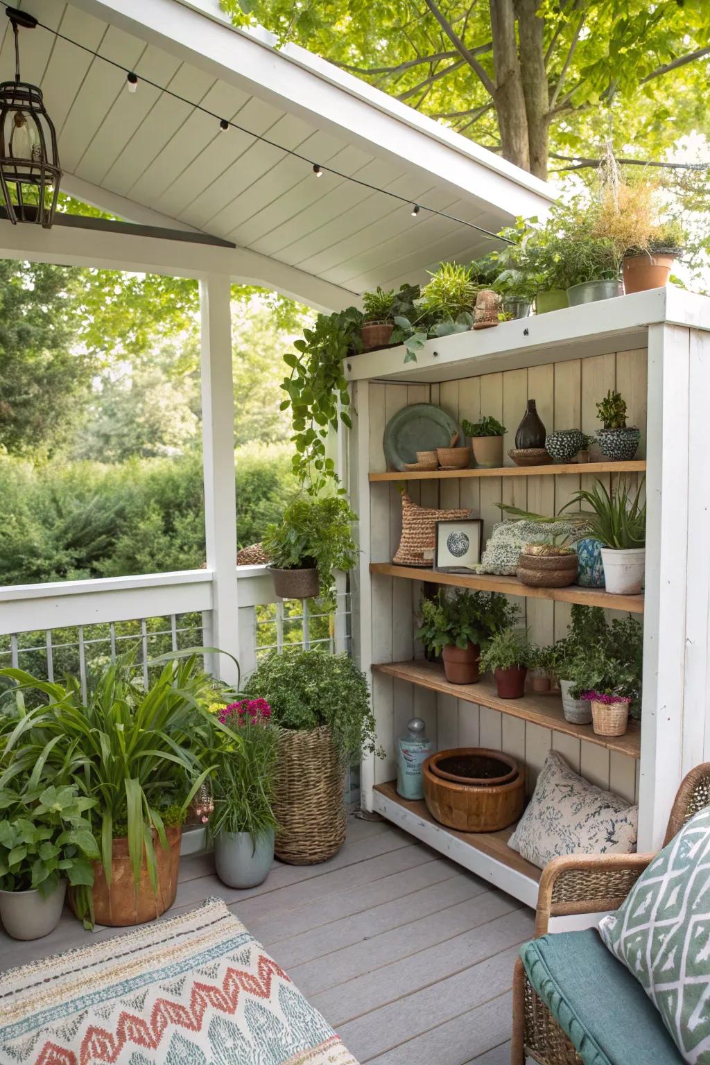 An inviting outdoor nook featuring shelves for plants and decor.