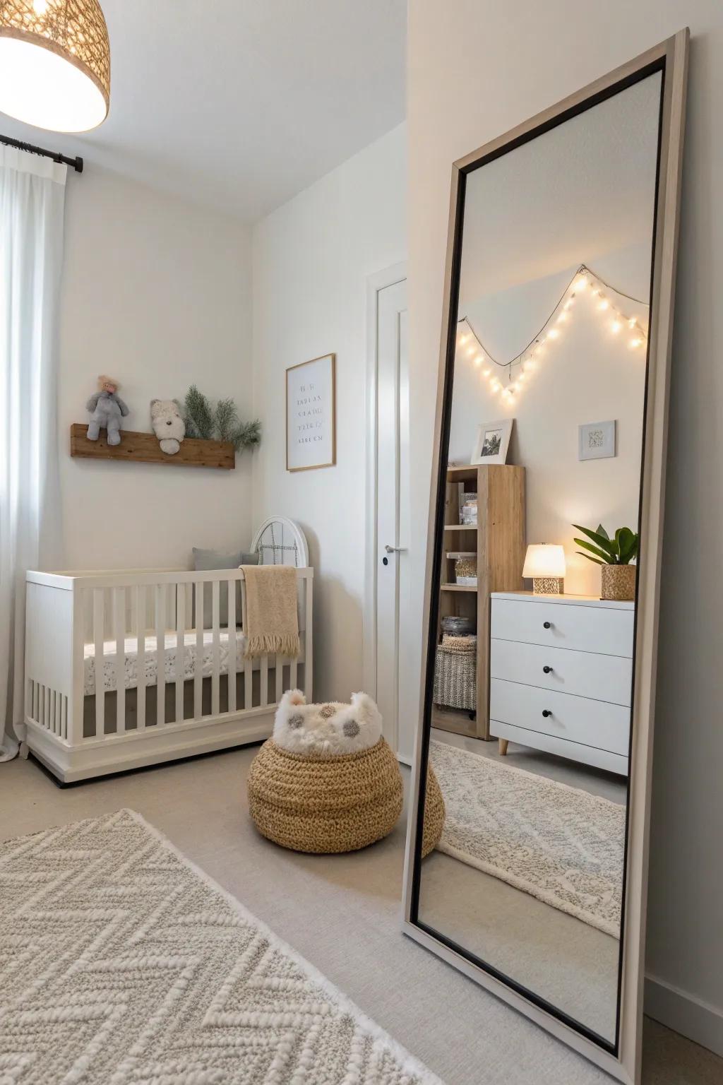 A simple nursery with a clean reflection that makes it even simpler.
