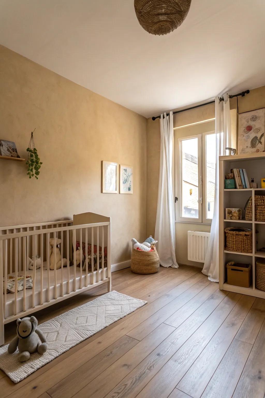 A timeless sandy beige nursery featuring warm undertones.