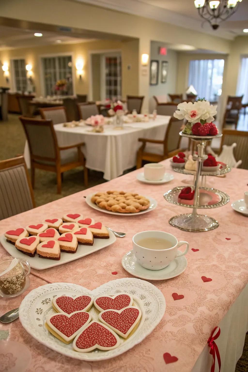 A charming Valentine's tea party setup with heart-themed treats.